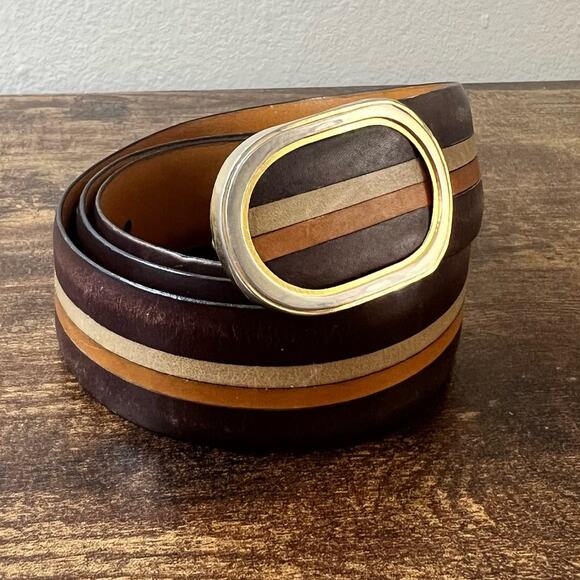 A. Testoni Soft Leather Belt Men Stripe Classic Gold Buckle Designer Italy Brown - Picture 3 of 11